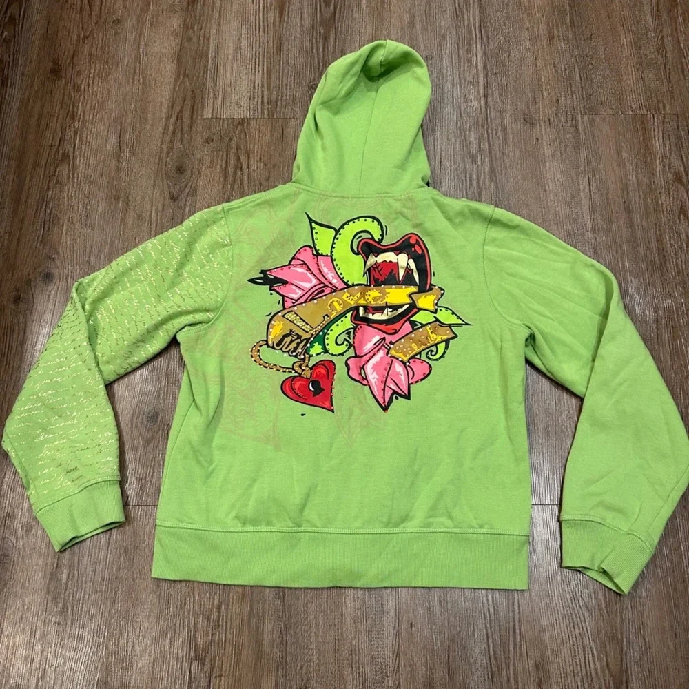 Y2K Cyber Grunge Lime Green Zip Up Ed Hardy Style Love Sick Size - Picture 2 of 6